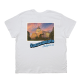 White t-shirt with a graphic of the Sacramento State Capitol building and 'Sacramento, California' text on a white background.