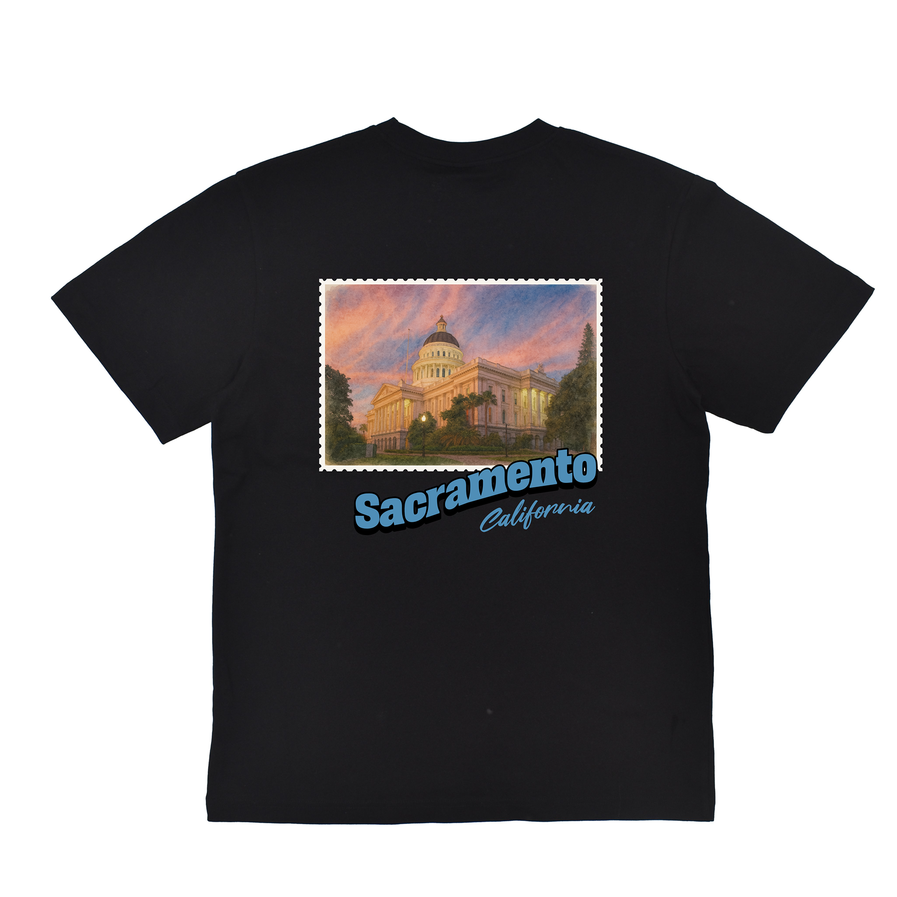 Black t-shirt with a graphic of the Sacramento Capitol building and 'Sacramento California' text on a white background