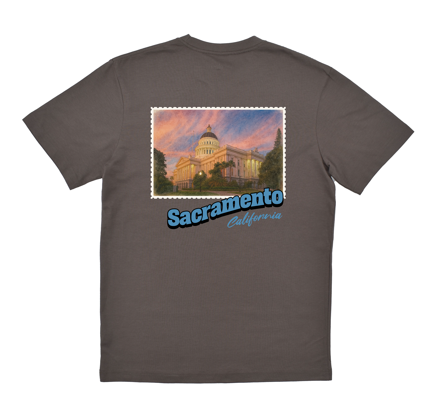 Gray t-shirt with a graphic of the Sacramento Capitol building and 'Sacramento California' text on a white background