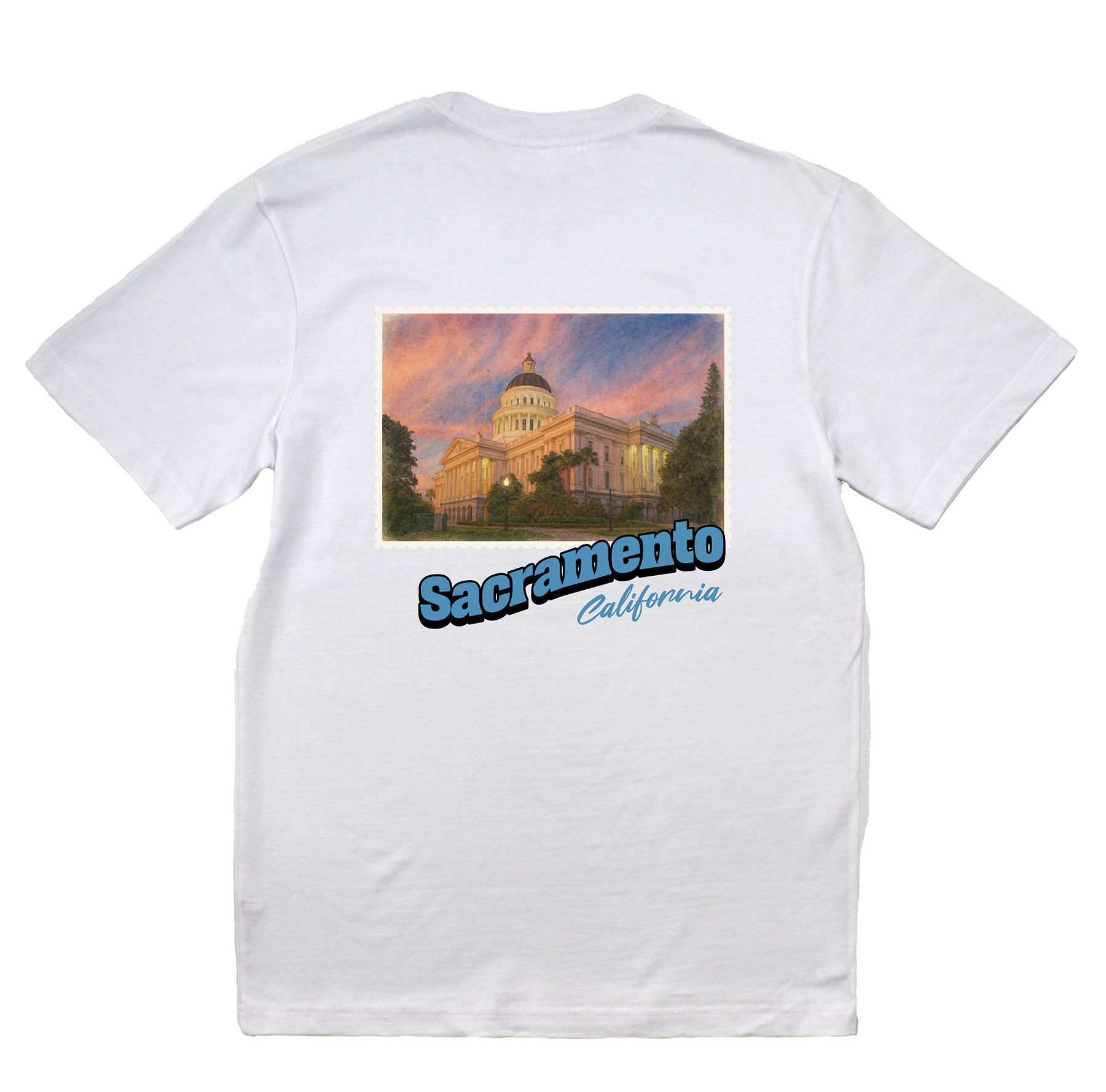 White t-shirt with a graphic of the California State Capitol building and 'Sacramento California' text on a white background