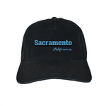 Black cap with 'Sacramento California' text in blue on a white background