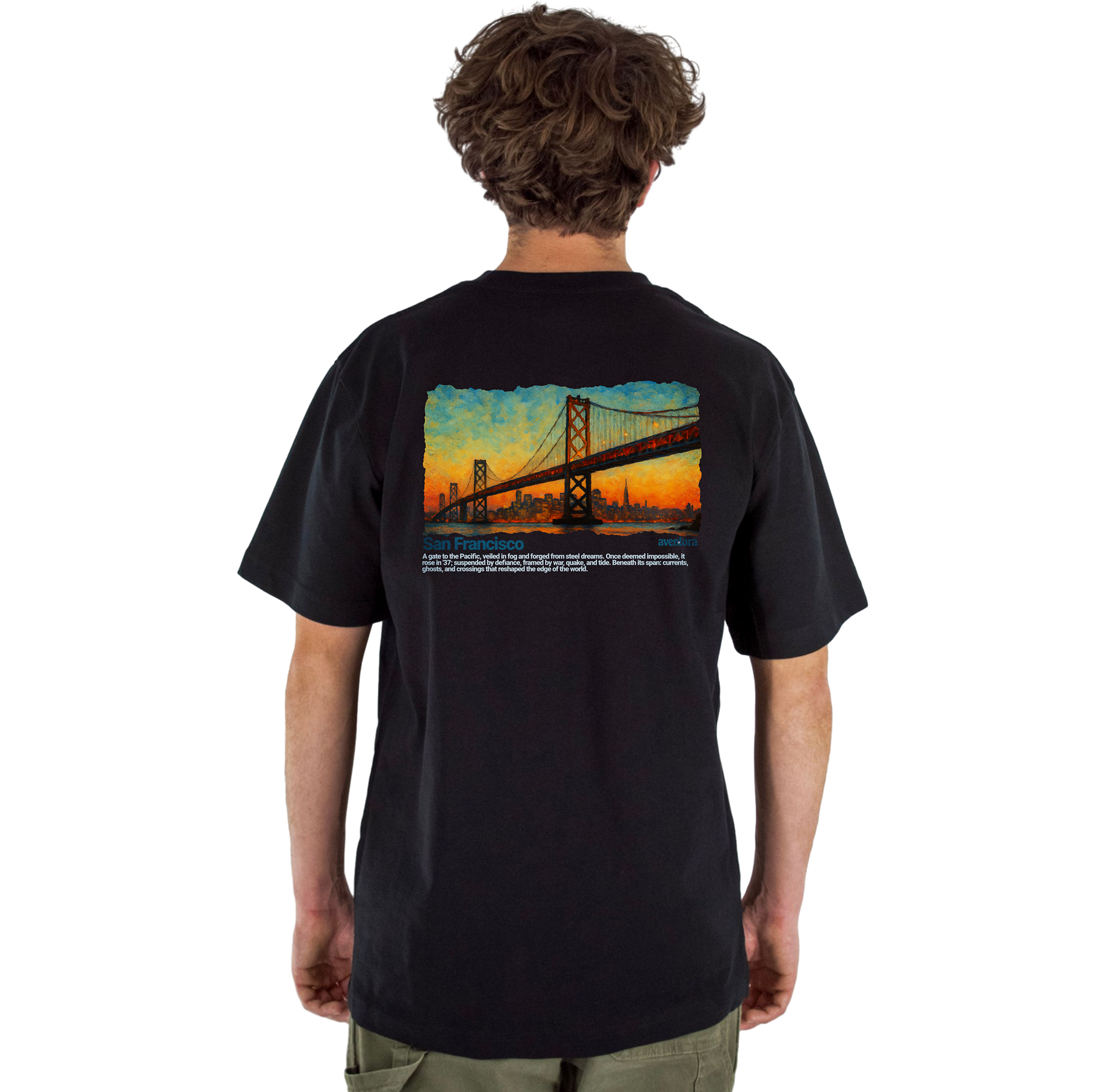 Person wearing a black t-shirt with a golden gate bridge design on the back featuring san francisco