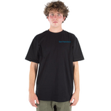 Person wearing a black t-shirt with 'San Francisco' text on a white background