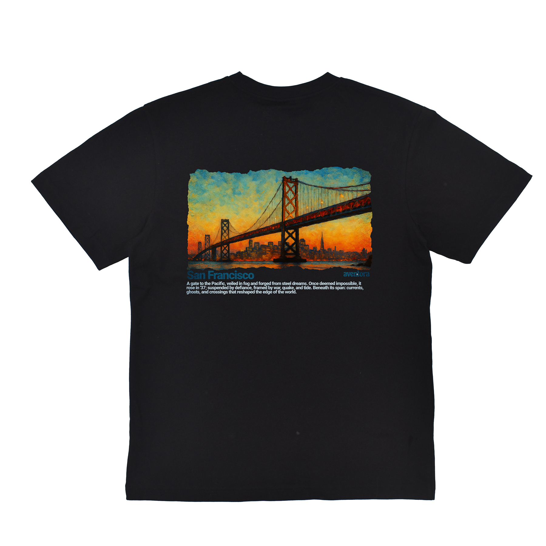 Black t-shirt with a bridge graphic and text on a white background