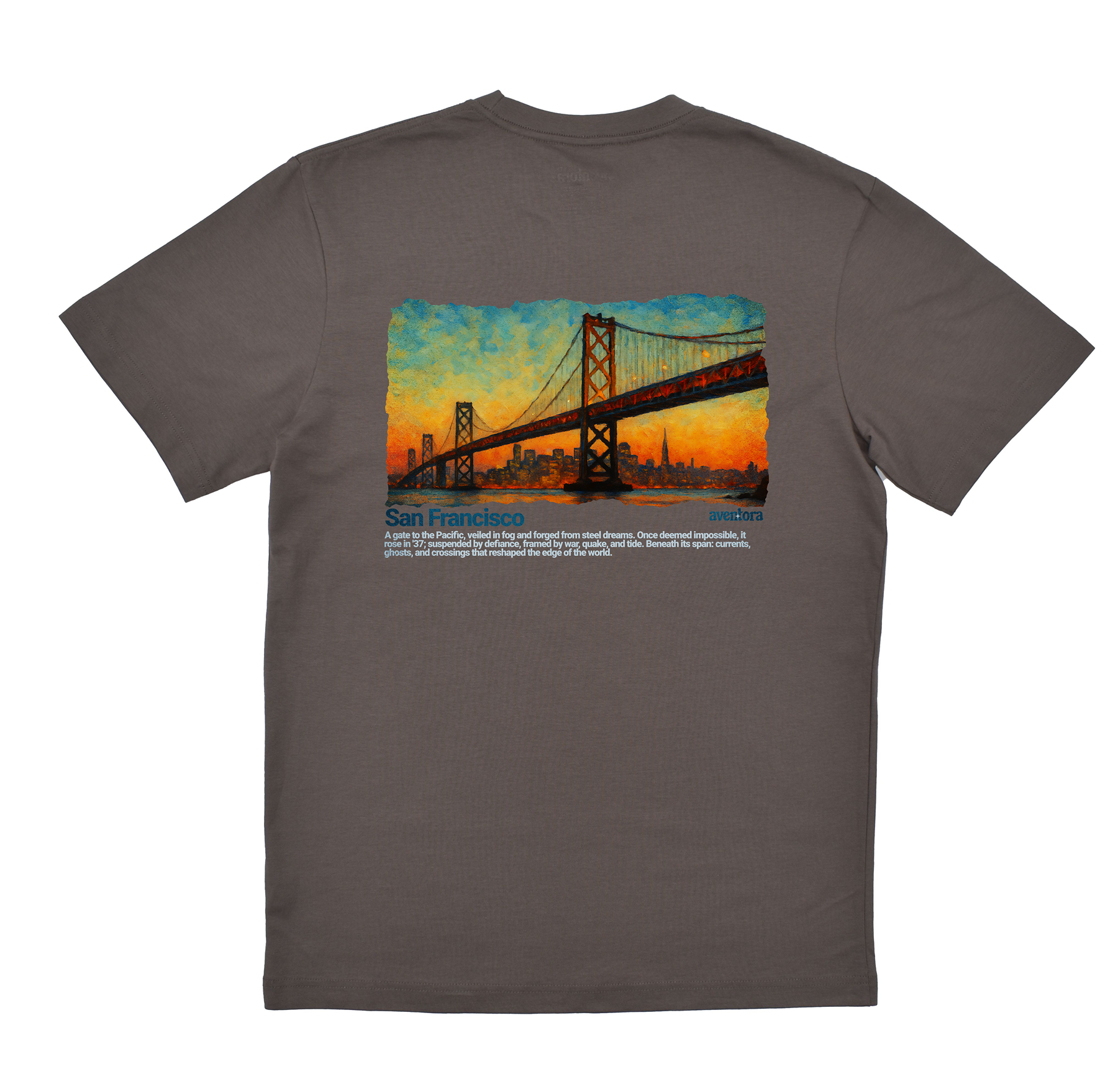 Gray t-shirt with a graphic of a bridge and sunset on the back, on a white background