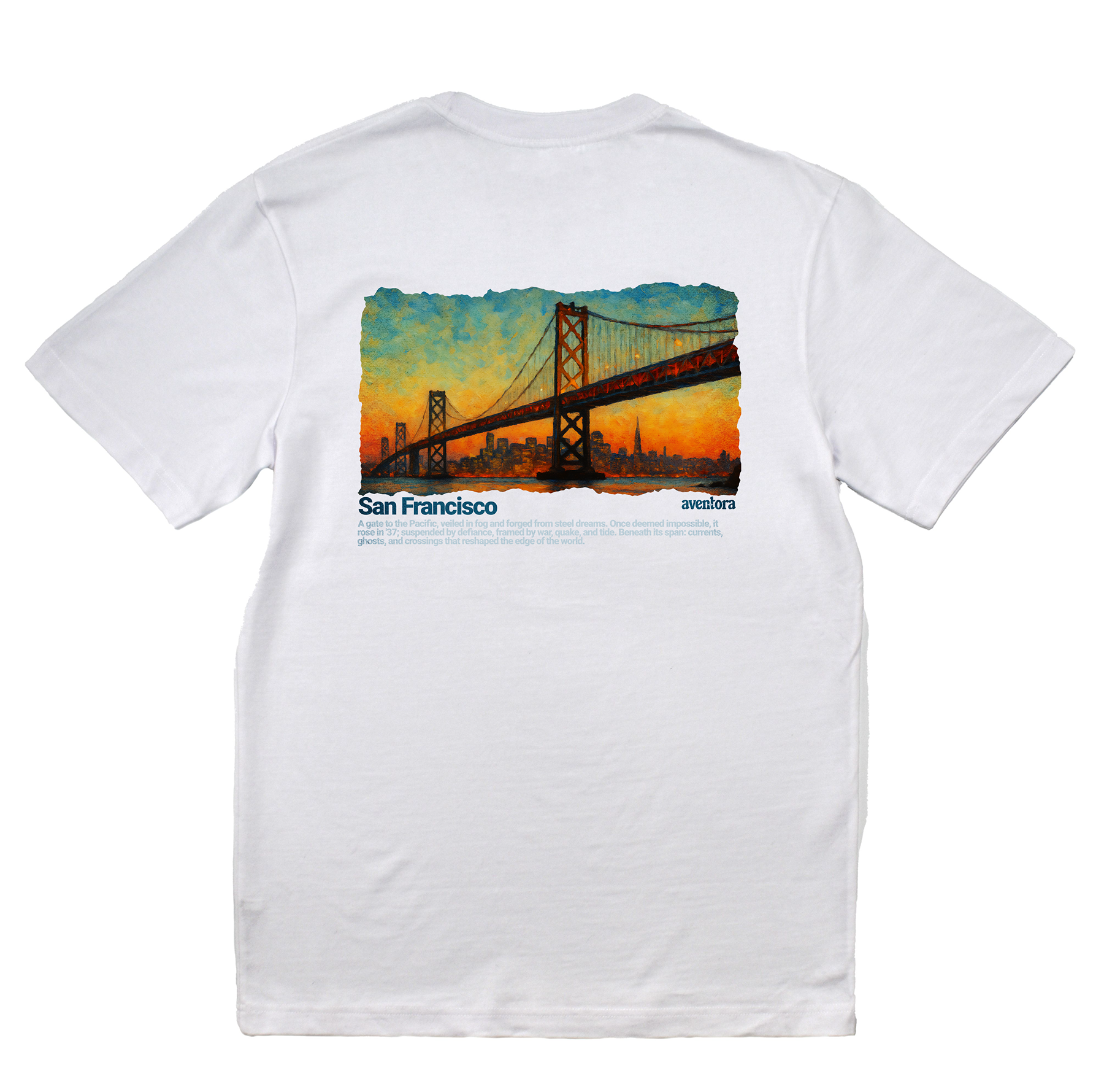 White t-shirt with a graphic of the San Francisco Bay Bridge on the back, displayed on a white background.