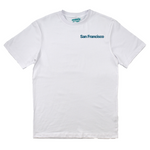 White t-shirt with 'San Francisco' text on a white background