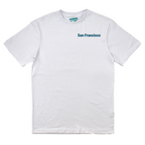 White t-shirt with 'San Francisco' text on a white background