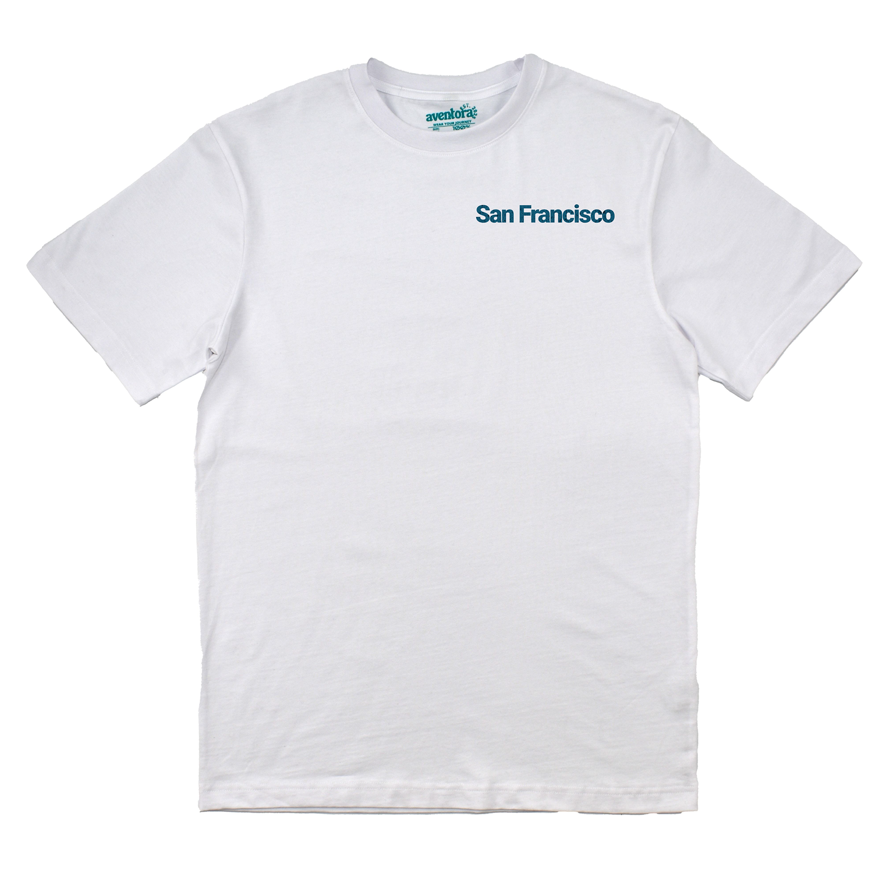 White t-shirt with 'San Francisco' text on a white background