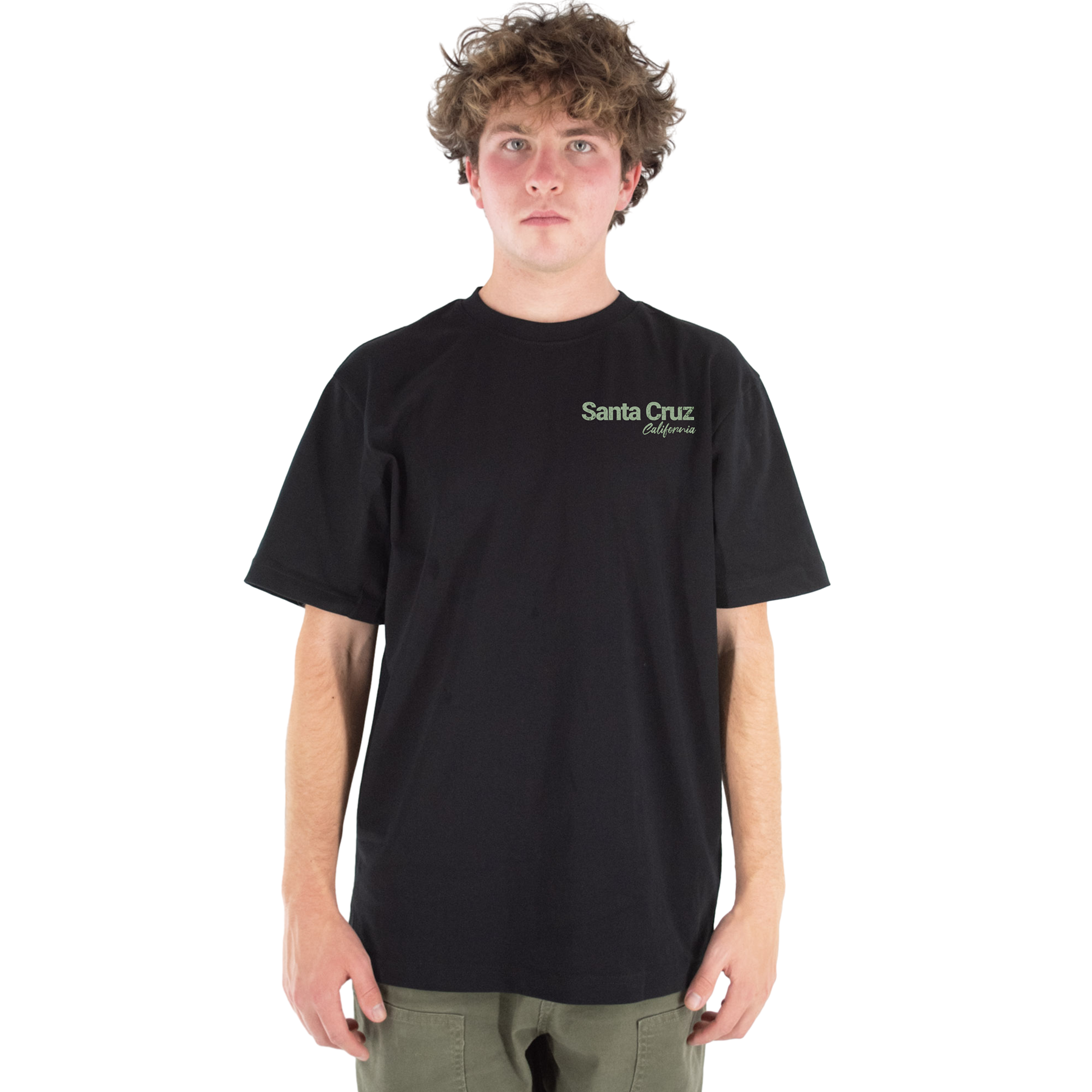 Person wearing a black Santa Cruz t-shirt on a white background