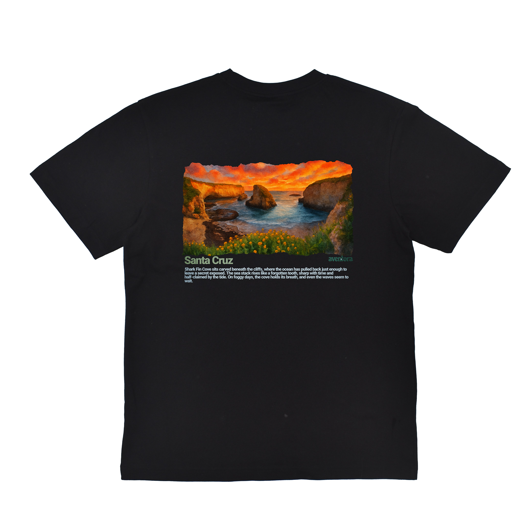Black t-shirt with a scenic print of a sunset over water and cliffs on a white background