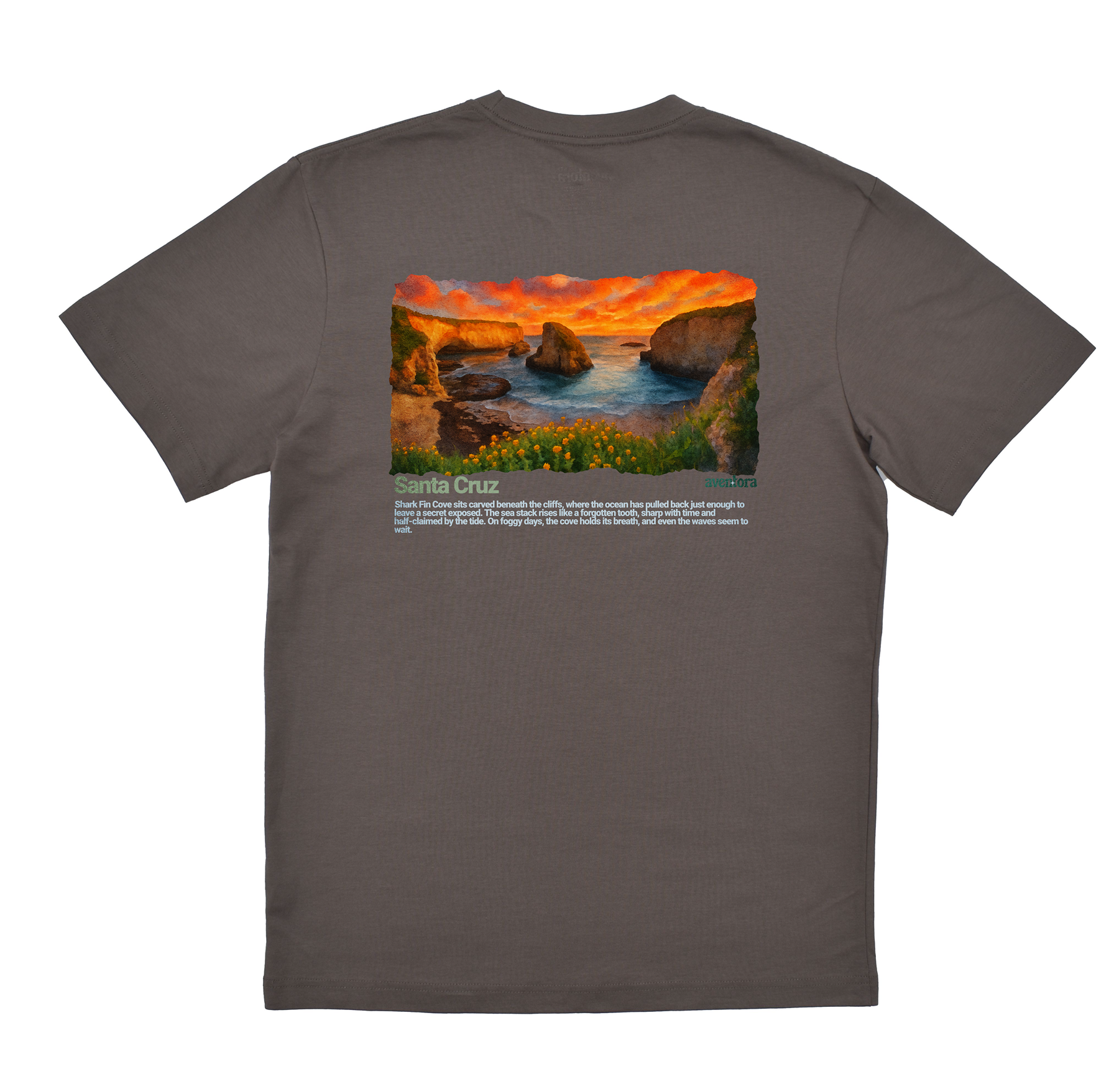 Gray t-shirt with a scenic print of a sunset over water on the back