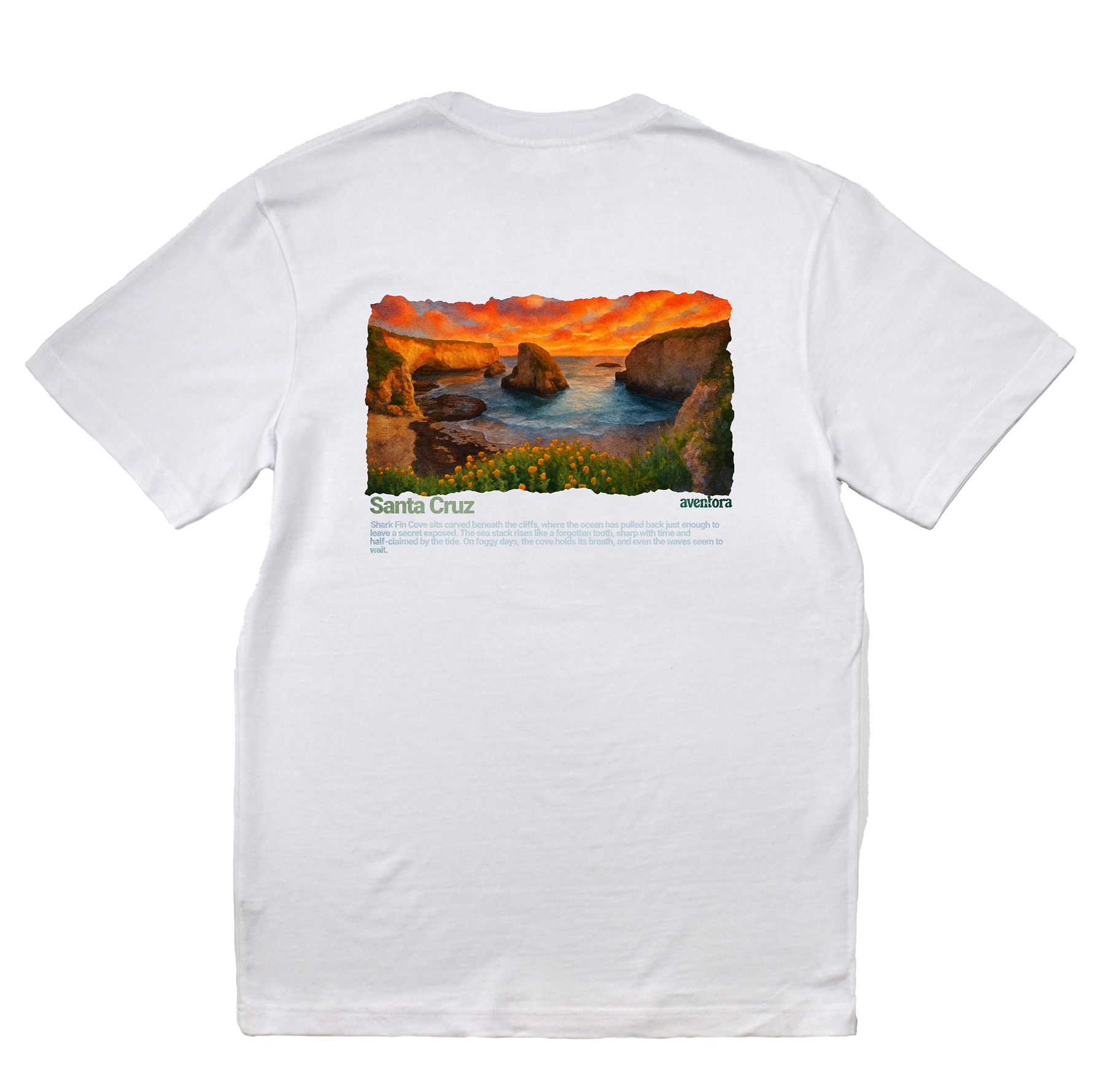 White t-shirt with a scenic santa cruz print on the back, displayed on a white background