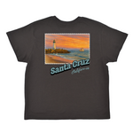 Black t-shirt with a scenic print of Santa Cruz, California featuring a lighthouse and beach.