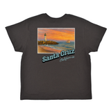 Black t-shirt with a scenic print of Santa Cruz, California featuring a lighthouse and beach.