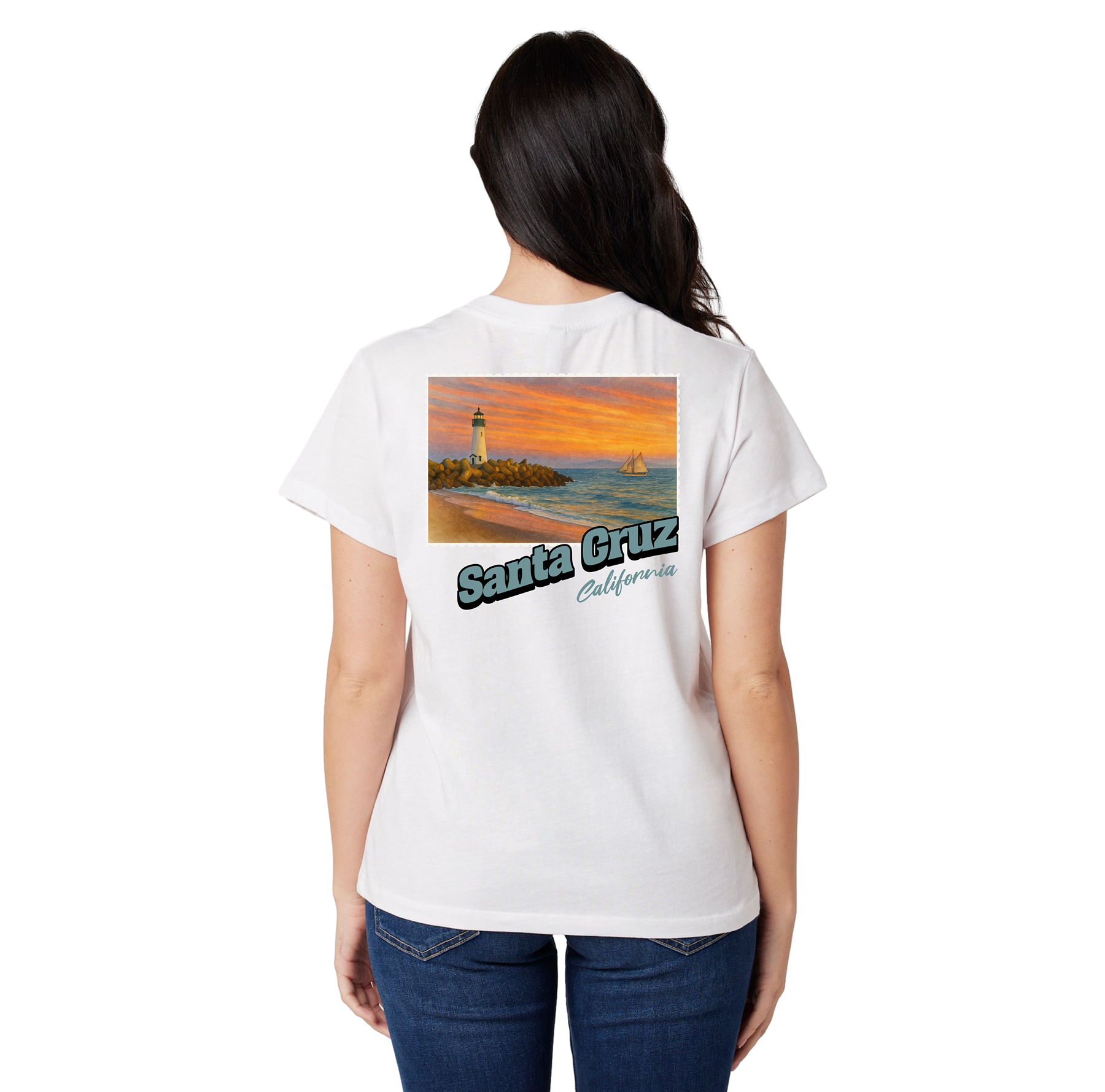Person wearing a white t-shirt with a scenic print and 'Santa Cruz California' text on the back.
