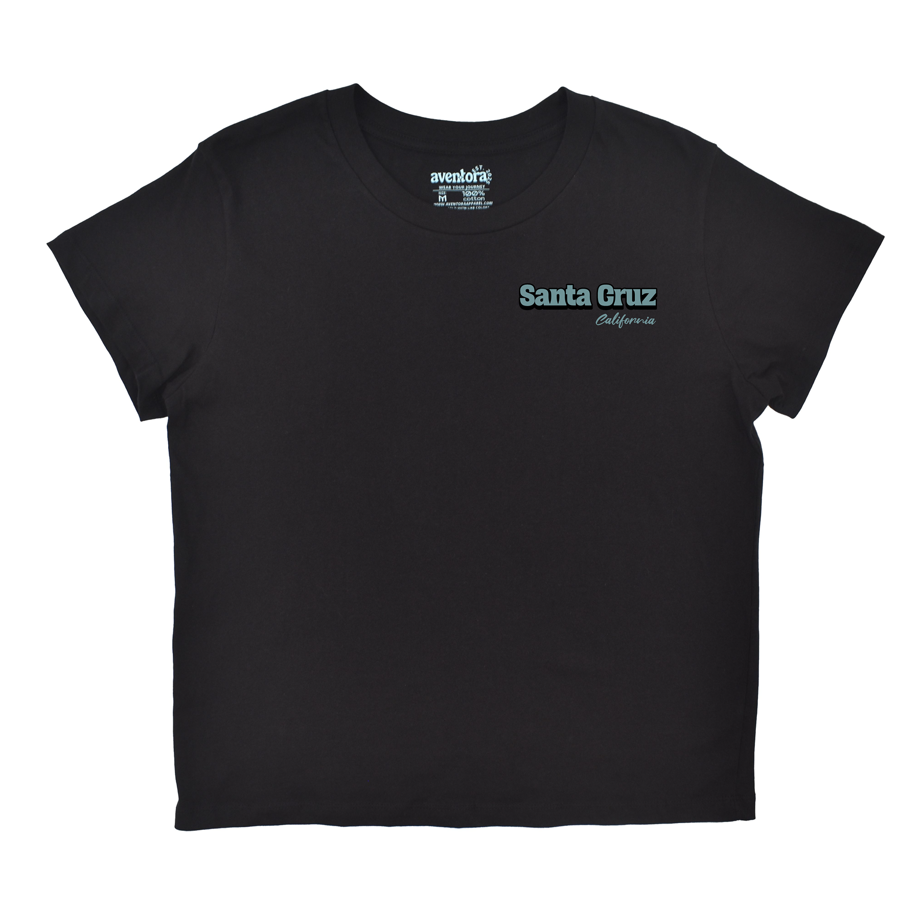 Black t-shirt with 'Santa Cruz California' text on a white background