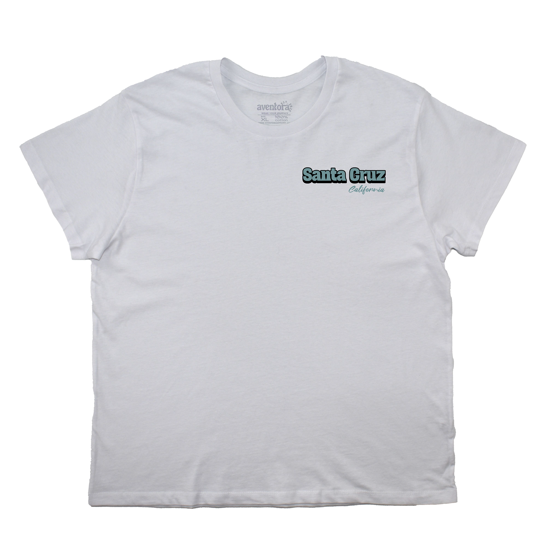White t-shirt with 'Santa Cruz California' text on a white background