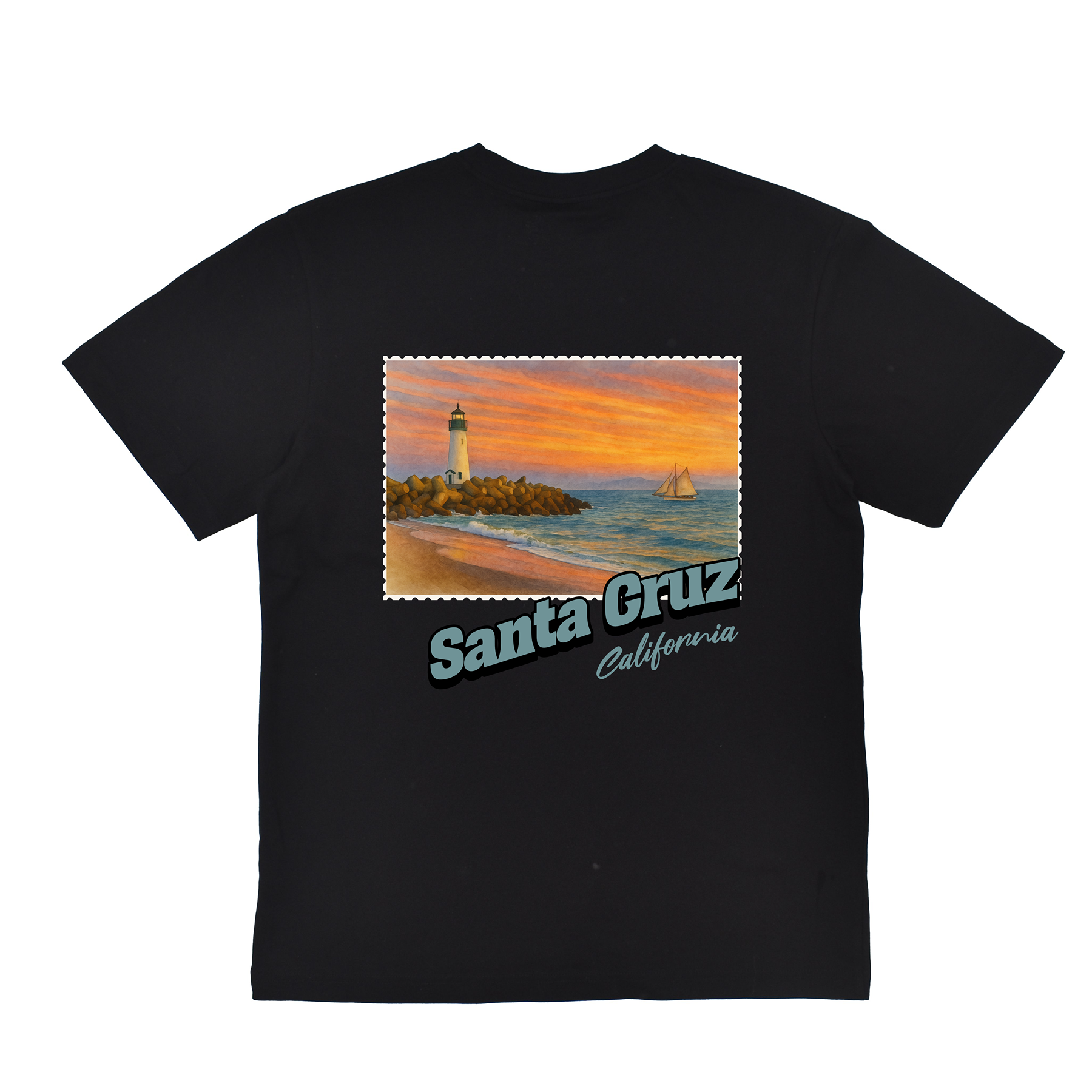 Black t-shirt with a scenic print of Santa Cruz, California featuring a lighthouse and beach.