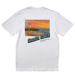 White t-shirt with a scenic print of Santa Cruz, California on a white background