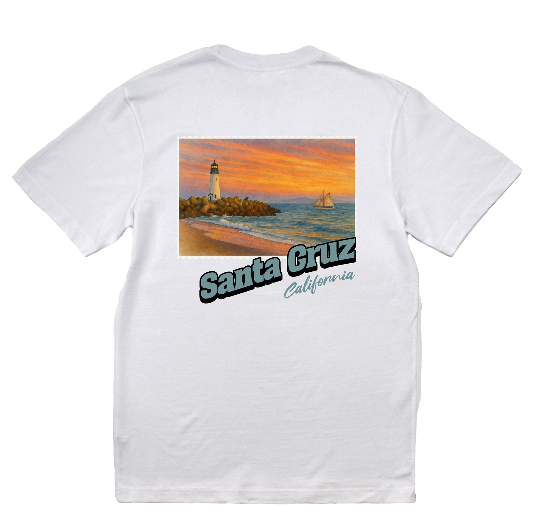 White t-shirt with a scenic print of Santa Cruz, California on a white background