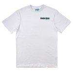 White t-shirt with a logo on the chest against a white background