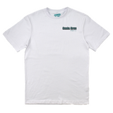 White t-shirt with a logo on the chest against a white background