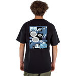 Person wearing a black t-shirt with a comic-style design on the back against a white background