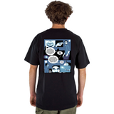 Person wearing a black t-shirt with a comic-style design on the back against a white background