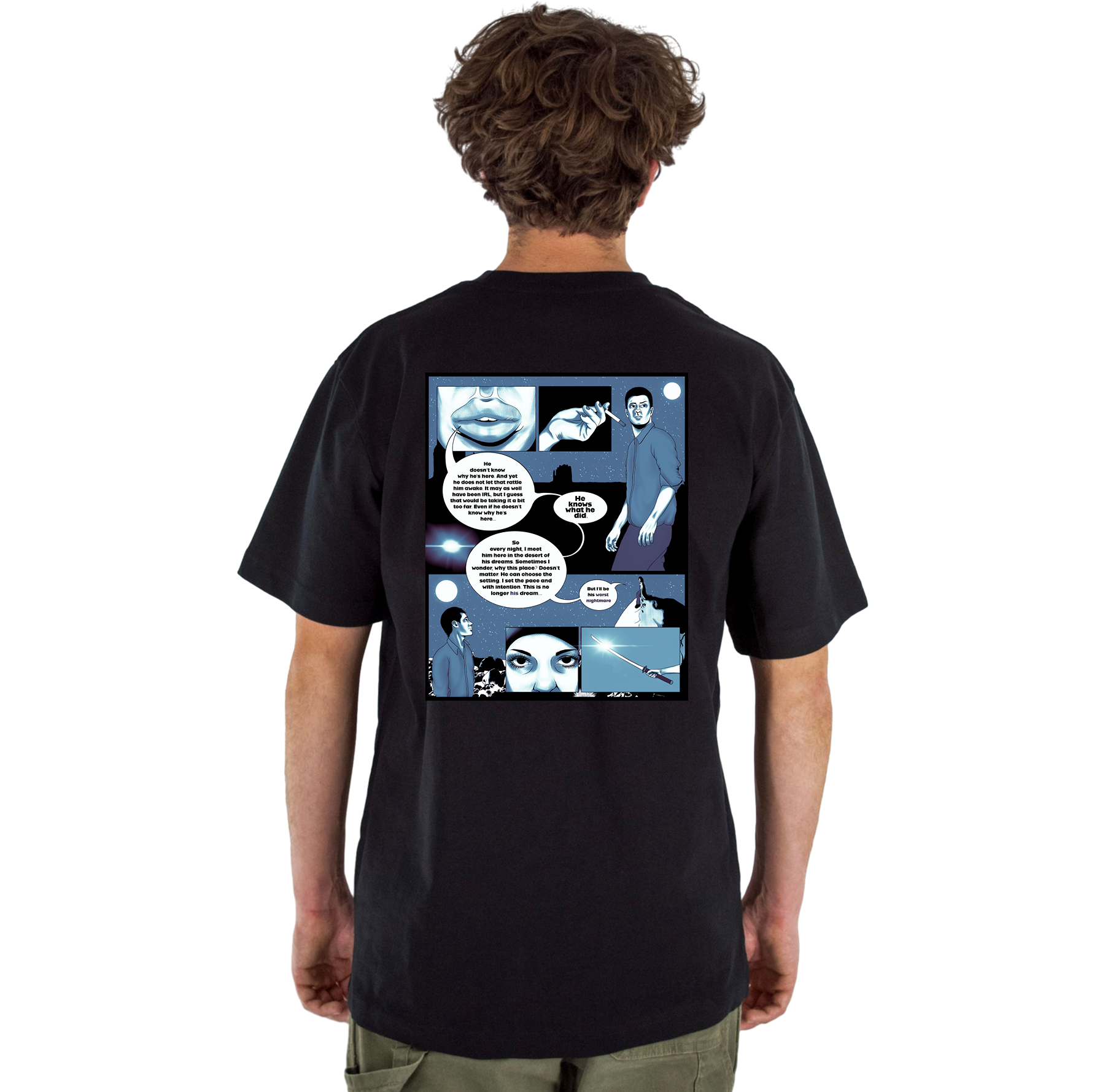 Person wearing a black t-shirt with a comic-style design on the back against a white background