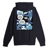Black hoodie with a comic-style design on the back against a white background