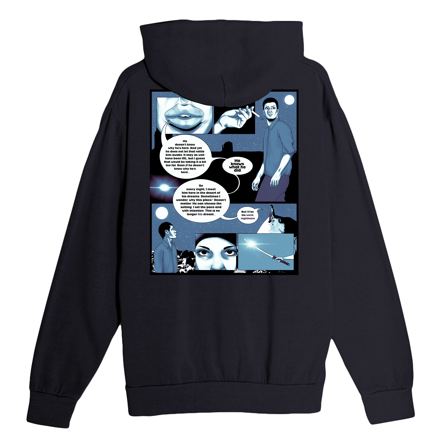 Black hoodie with a comic-style design on the back against a white background