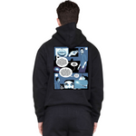 Person wearing a black hoodie with a graphic design on the back against a white background