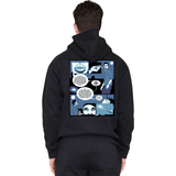 Person wearing a black hoodie with a graphic design on the back against a white background