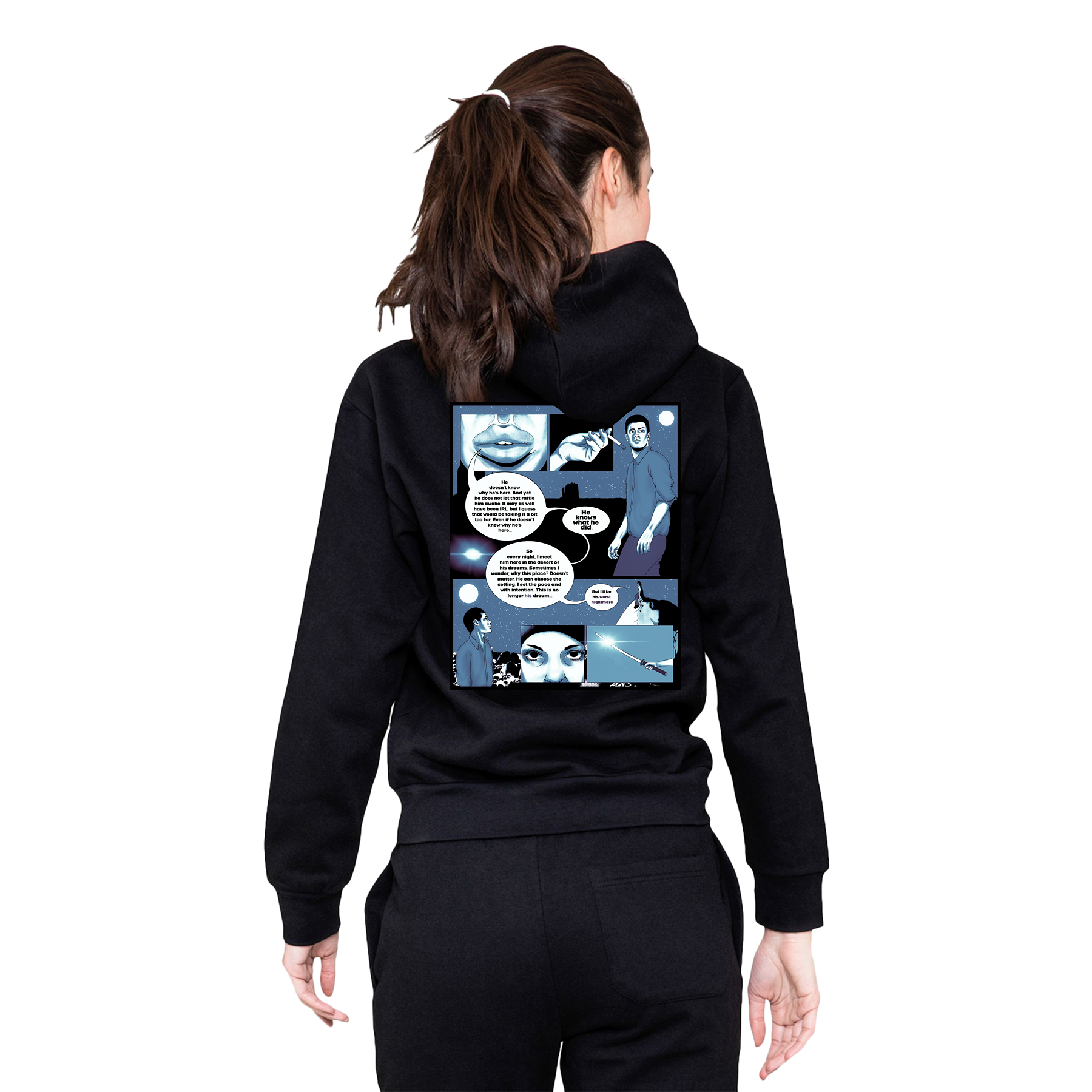 Person wearing a black hoodie with a comic-style design on the back, on a white background