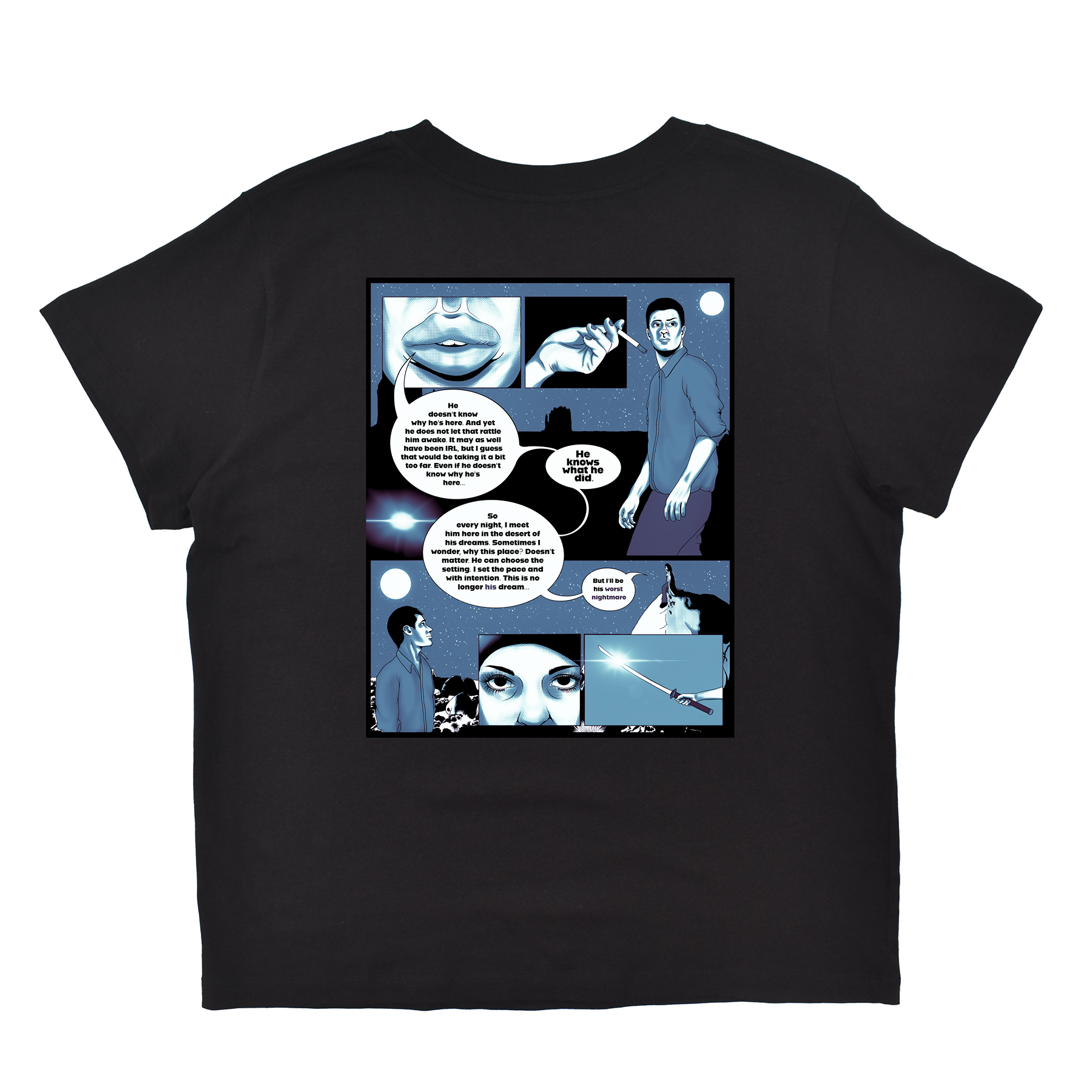 Black t-shirt with a comic-style graphic design on a white background