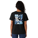 Person wearing a black t-shirt with a graphic design on the back