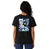 Person wearing a black t-shirt with a graphic design on the back