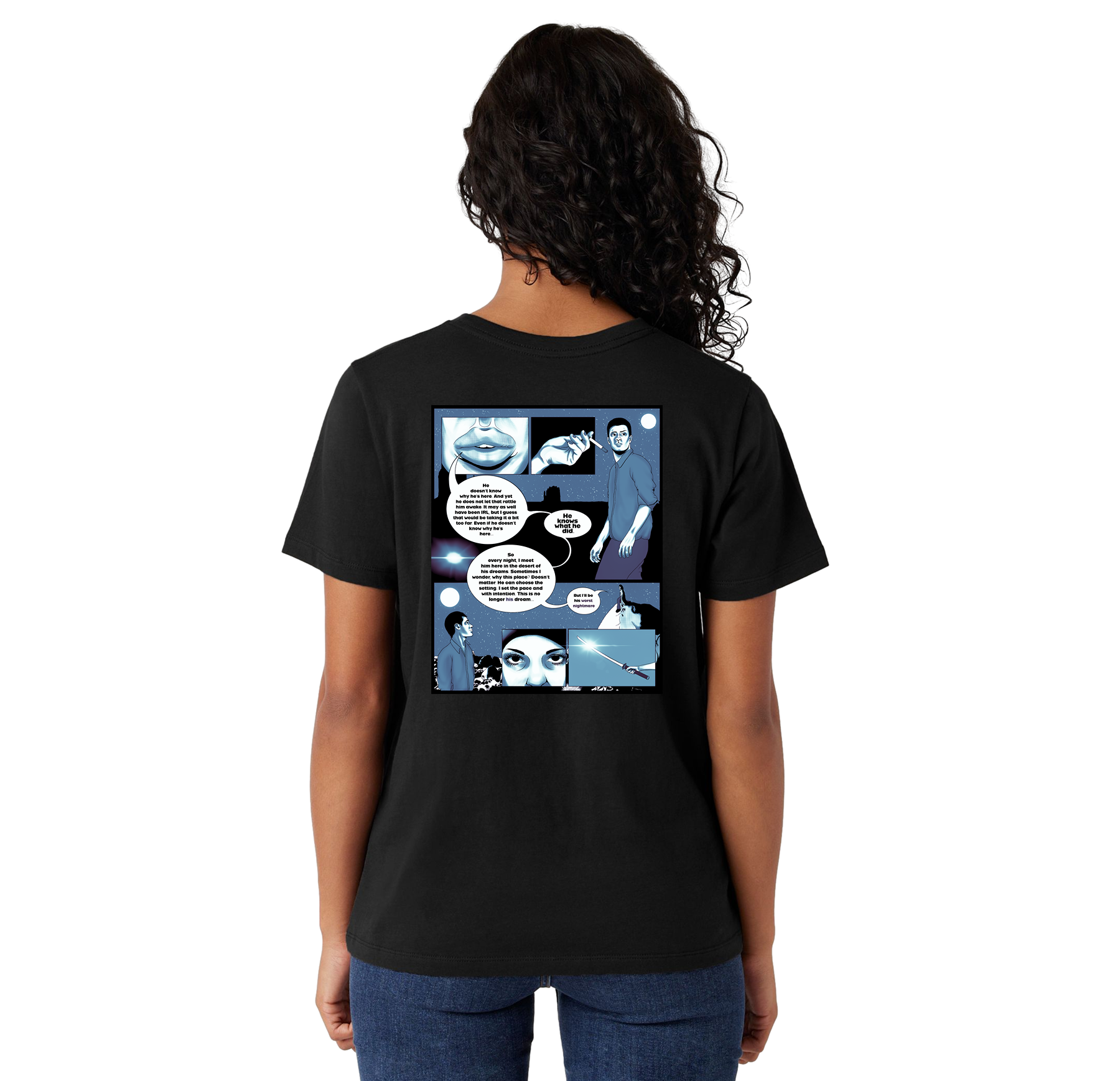 Person wearing a black t-shirt with a graphic design on the back