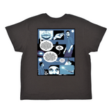 Black t-shirt with a comic-style graphic design on a white background