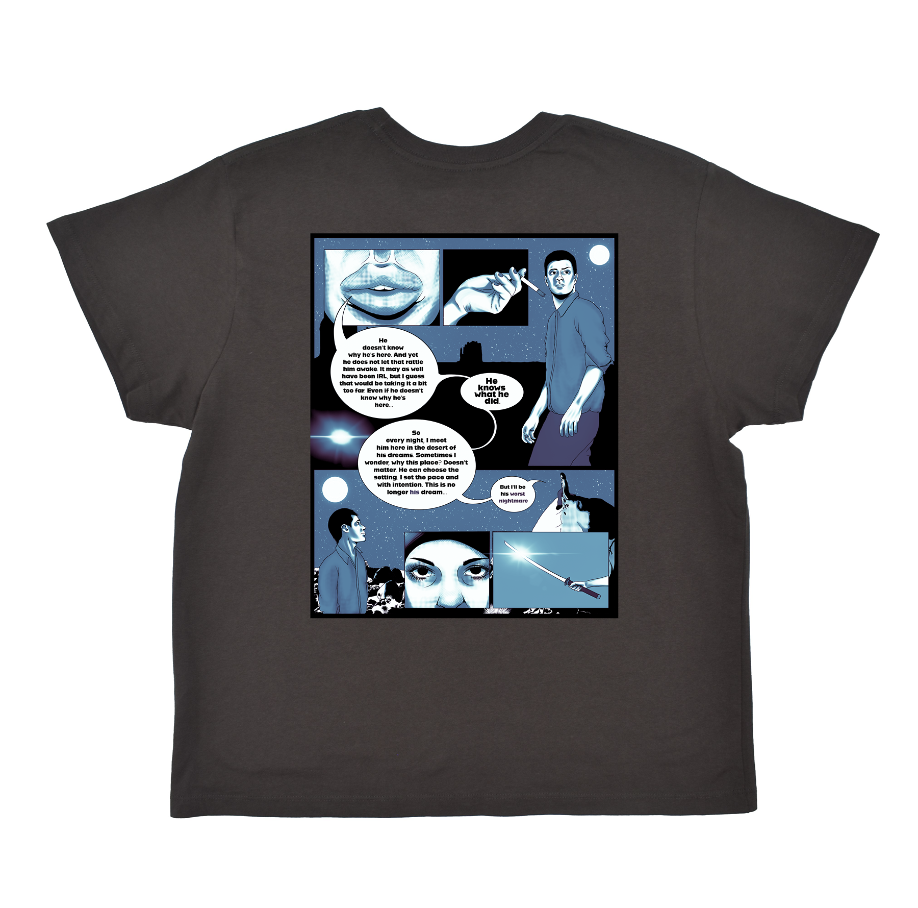 Black t-shirt with a comic-style graphic design on a white background