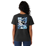 Person wearing a black t-shirt with a comic-style design on the back