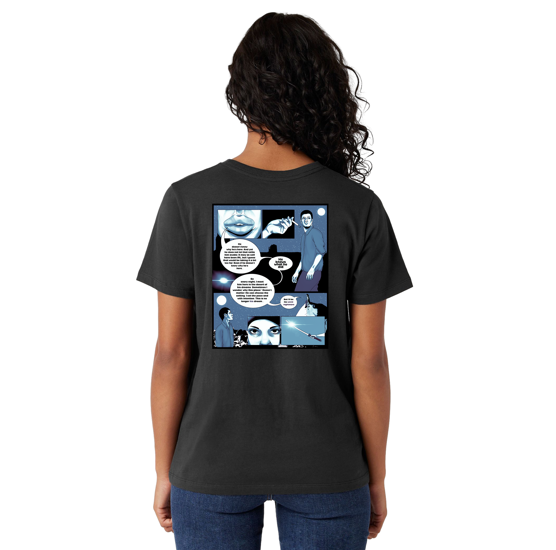Person wearing a black t-shirt with a comic-style design on the back