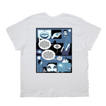 White t-shirt with a comic-style graphic on the back