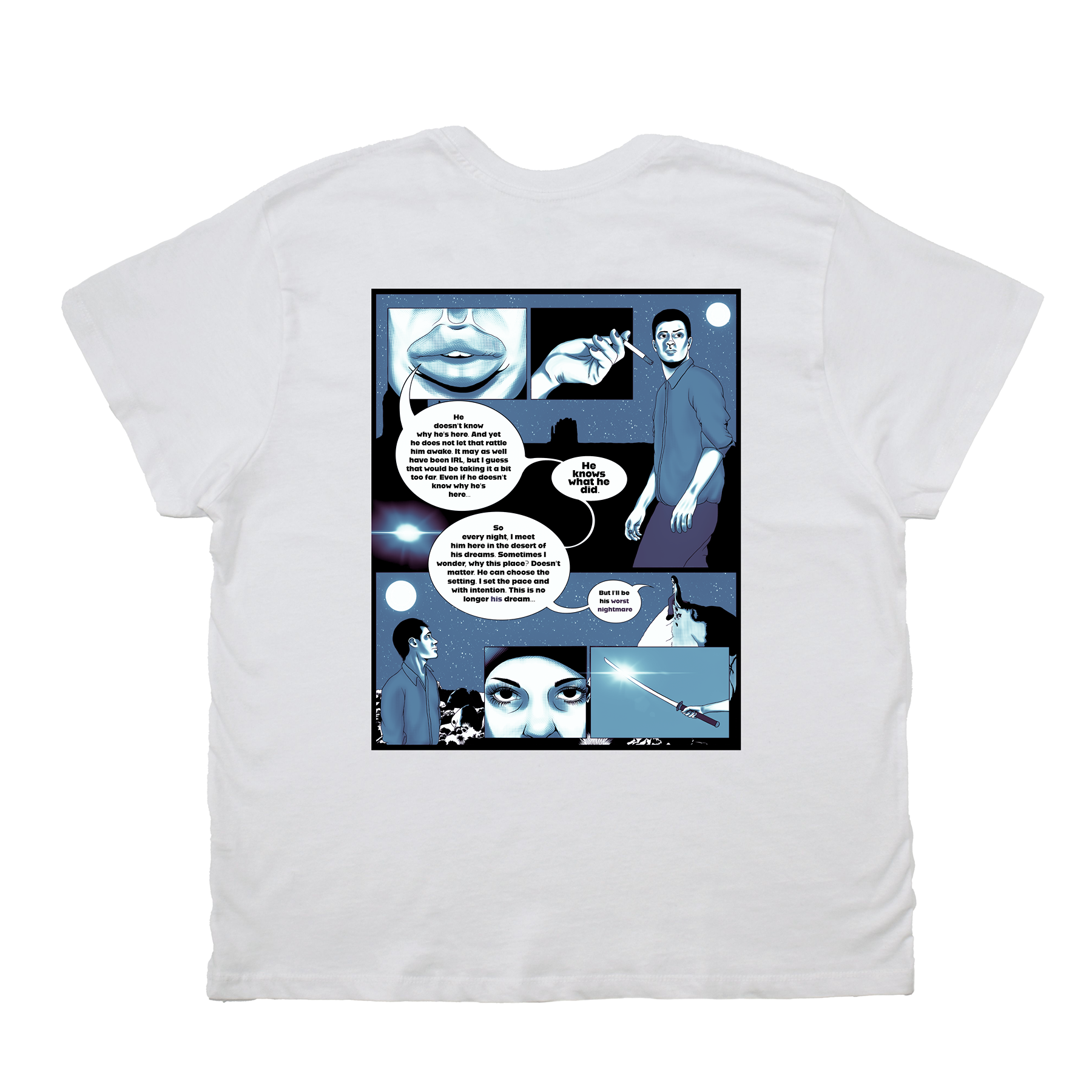 White t-shirt with a comic-style graphic on the back