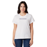 Woman wearing a white t-shirt with text on a white background