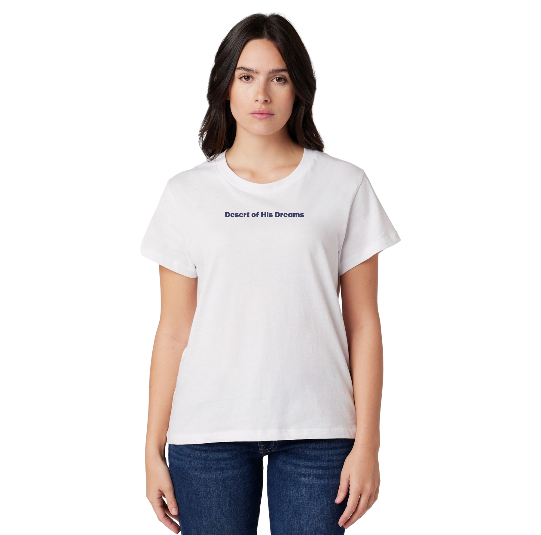 Woman wearing a white t-shirt with text on a white background