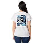 Person wearing a white t-shirt with a comic design on the back