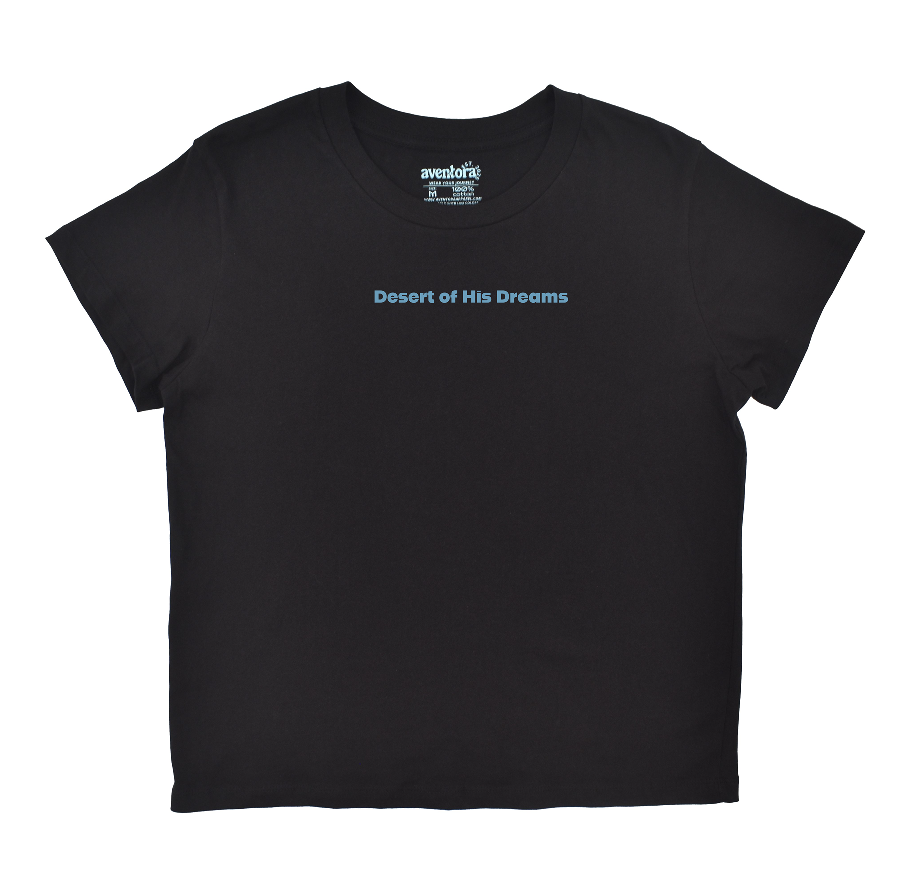 Black t-shirt with 'Desert of His Dreams' text on a white background