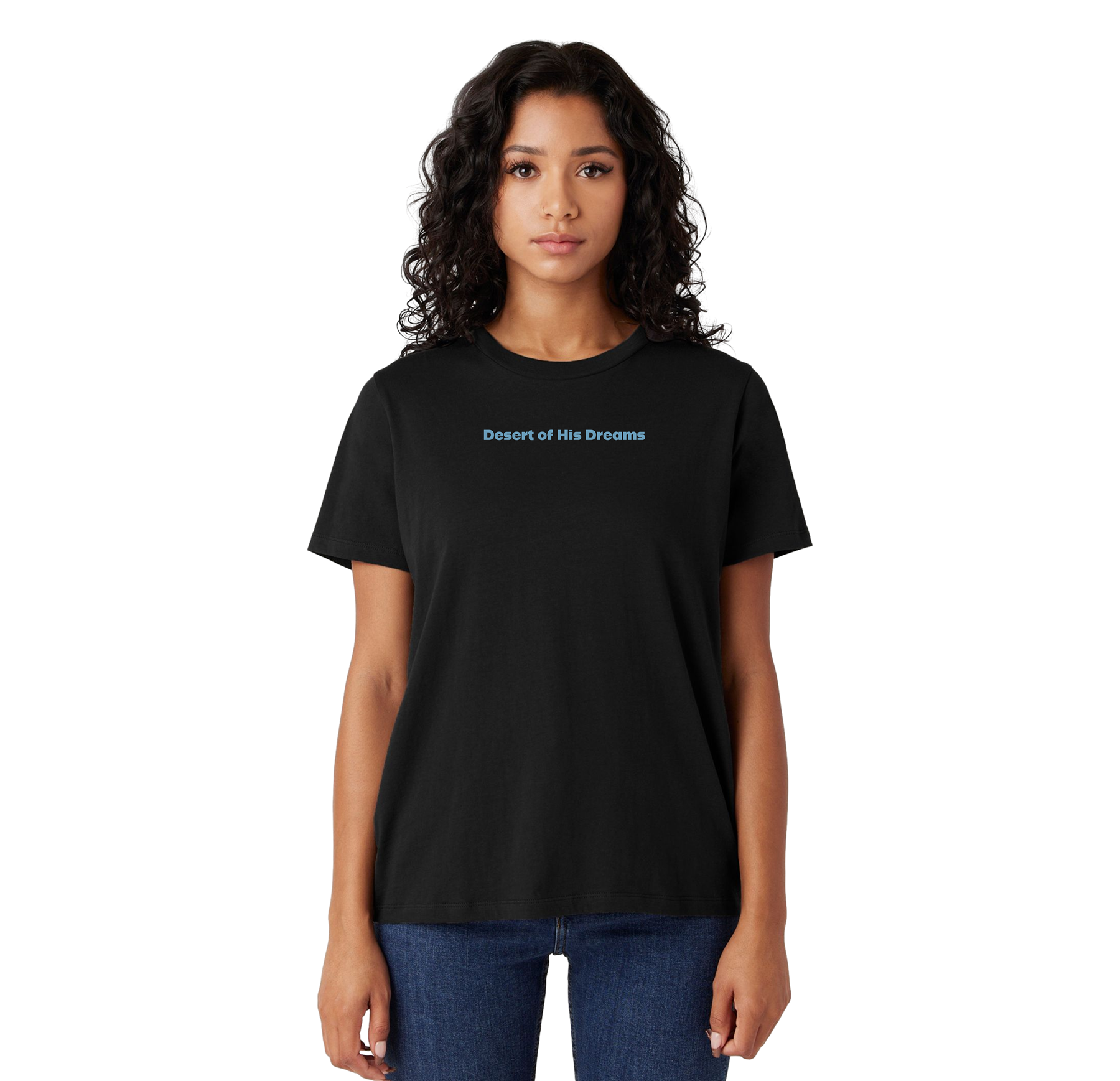Person wearing a black t-shirt with text on a white background